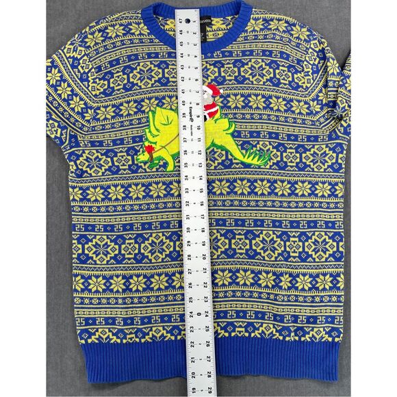 Mens Ugly Christmas Sweater L Blue Yellow Santa Dinosaur Knit Funny Holiday - Picture 7 of 9